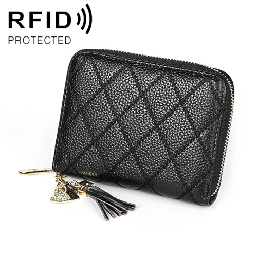 

KB213 Diamond Texture Zipper Cowhide Leather Double Row Organ Shape Multiple Card Slots Anti-magnetic RFID Wallet Clutch Bag for Ladies (Black)