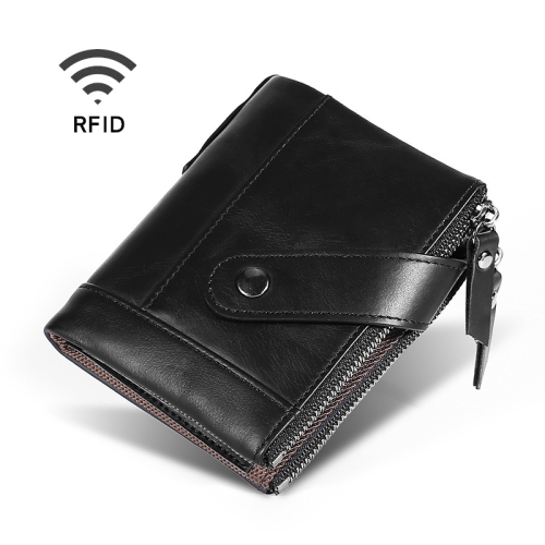 

TP-197 Oil Wax Leather Multi-functional Double Zipper Clasp Antimagnetic Change RFID Leather Wallet (Black)