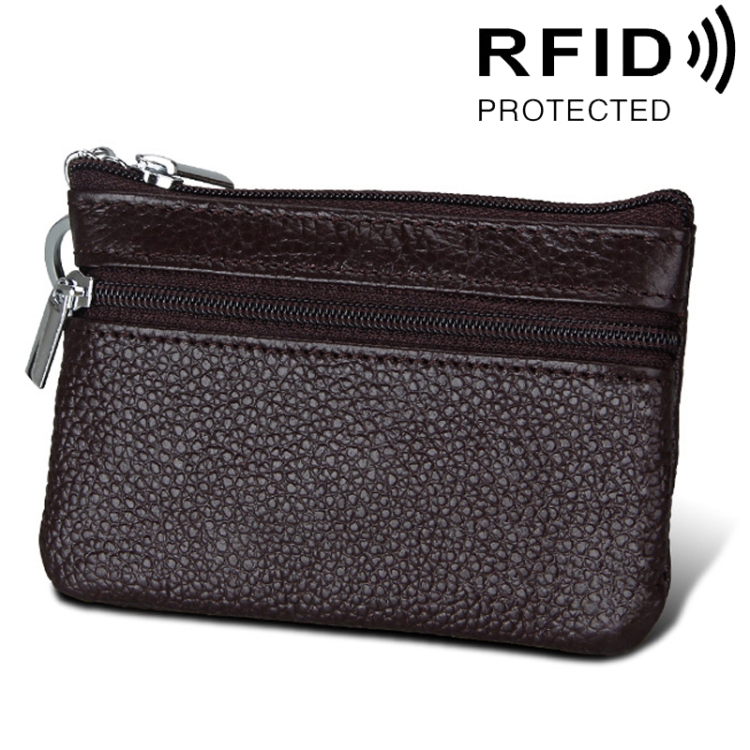 

Cowhide Leather Zipper Solid Color Horizontal Card Holder Wallet RFID Blocking Coin Purse Card Bag Protect Case, Size: 11.4*7.4cm(Coffee)