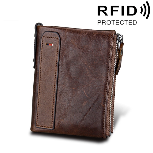 

Genuine Cowhide Leather Crazy Horse Texture Dual Zipper Short Style Card Holder Wallet RFID Blocking Card Bag Protect Case for Men, Size: 12.1*9.4*2.7cm(Coffee)