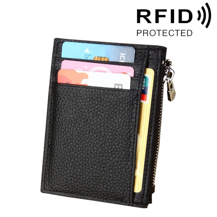 

Cowhide Leather Solid Color Zipper Card Holder Wallet RFID Blocking Coin Purse Card Bag Protect Case, Size: 11*8*1.5cm (Black)