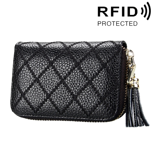 

Genuine Cowhide Leather Grid Texture Zipper Card Holder Wallet RFID Blocking Card Bag Protect Case Coin Purse with Tassel Pendant & 15 Card Slots for Women, Size: 11.1*7.9*3.5cm(Black)