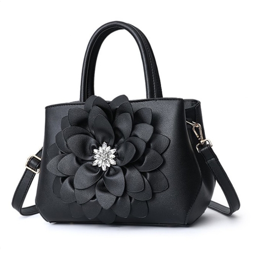 

Rose Flower Diamond Leisure Fashion PU Slant Shoulder Bag Handbag(Black)