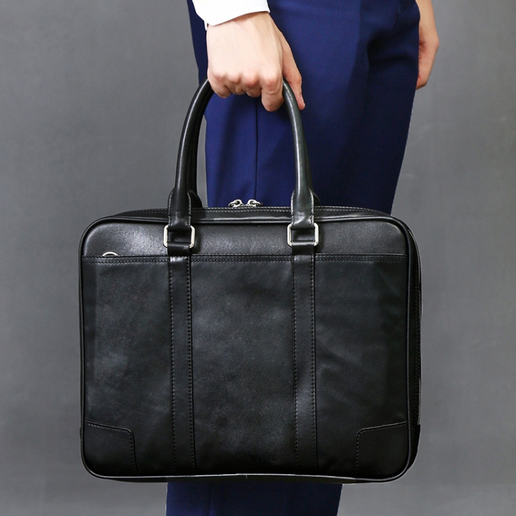 

Horizontal Square Waterproof Genuine Leather Zipper Handbag Business Bag for Men (Black)
