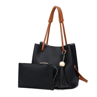 

New Model Fashion Lychee Grain Tote Bag Handbag Bucket Bag Shoulder Bag Two-Piece Set(Black)