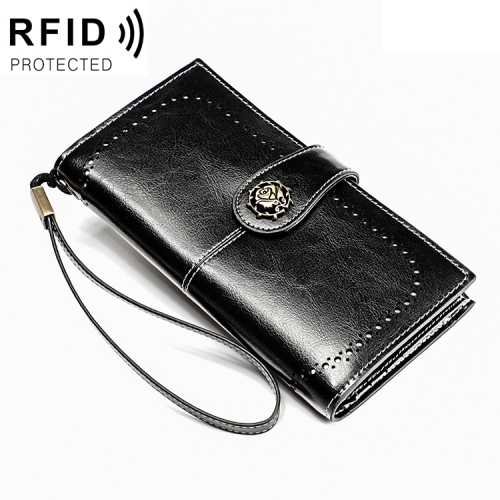 

3526 Vintage Oil Wax Texture Large Capacity Long Multi-function Anti-magnetic RFID Wallet Clutch for Ladies (Black)