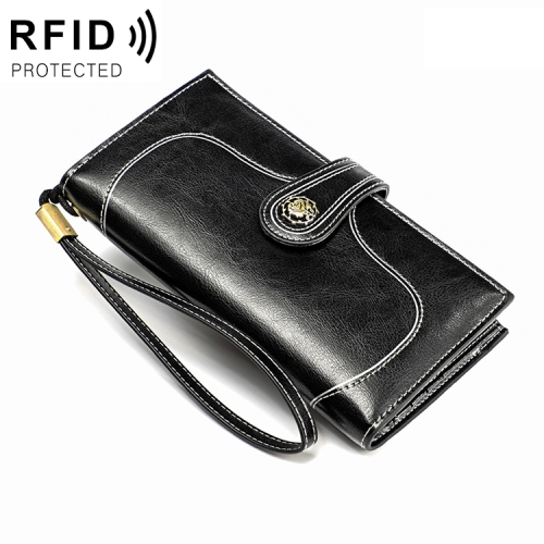 

3527 Vintage Oil Wax Texture Large Capacity Long Multi-function Anti-magnetic RFID Wallet Clutch for Ladies (Black)