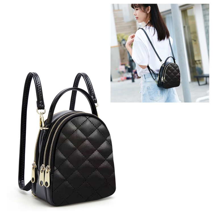 

Rhombus Texture PU Leather Double Shoulder School Bag Travel Backpack, Size: S (Black)