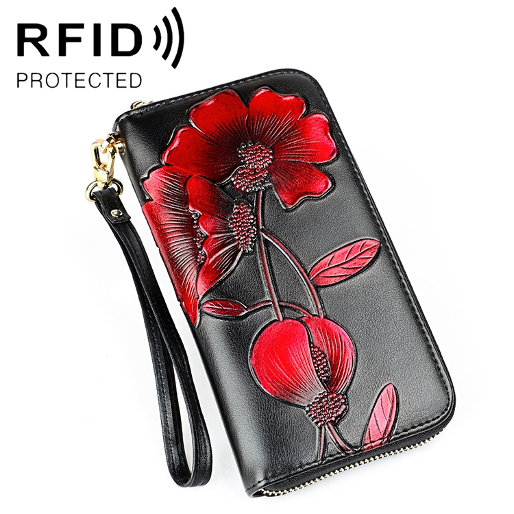 

907 Antimagnetic RFID Women Flower Pattern Large Capacity Hand Wallet Purse Phone Bag with Card Slots(Red)
