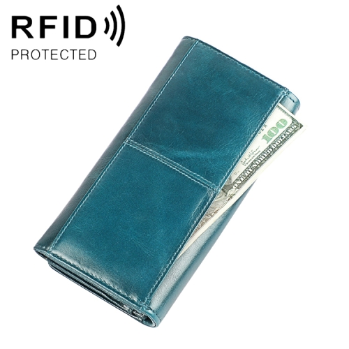

3559 Antimagnetic RFID Multi-function Zipper Retro Top-grain Leather Lady Purse Wallet (Blue)