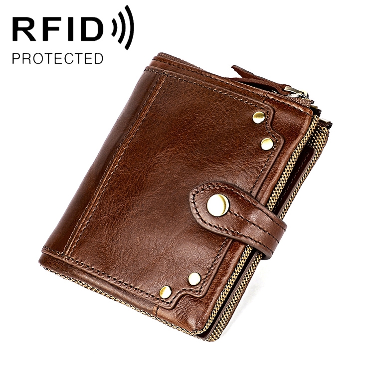 

8221 Antimagnetic RFID Men Crazy Horse Texture Leather Zipper Wallet (Coffee)