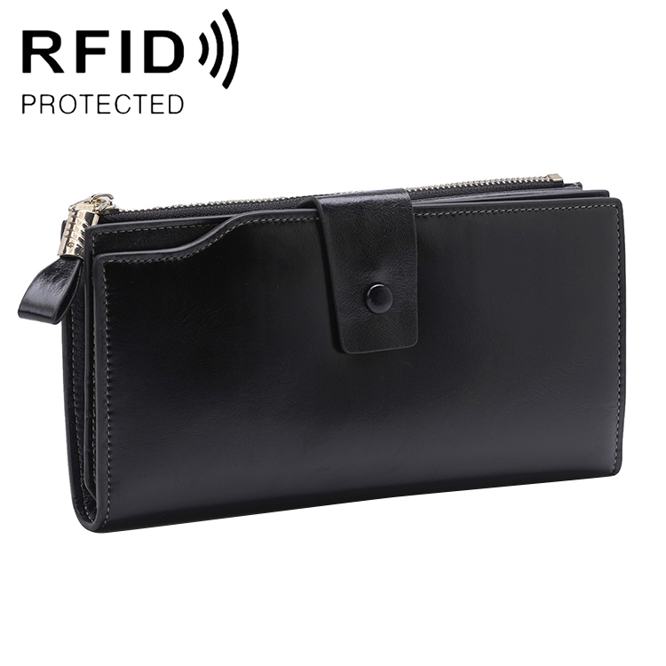 

8236 Antimagnetic RFID Multi-function Oil Wax Leather Lady Wallet Large-capacity Purse (Black)