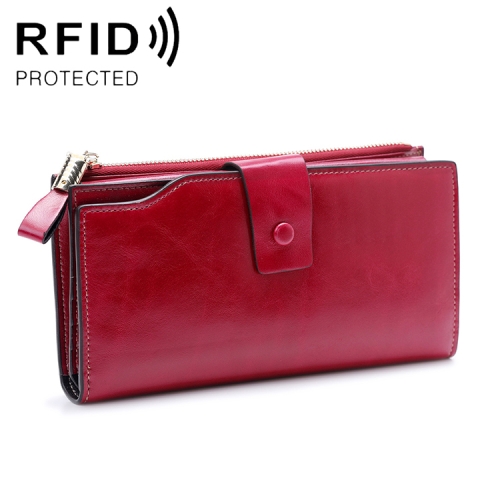 

8236 Antimagnetic RFID Multi-function Oil Wax Leather Lady Wallet Large-capacity Purse (Red)