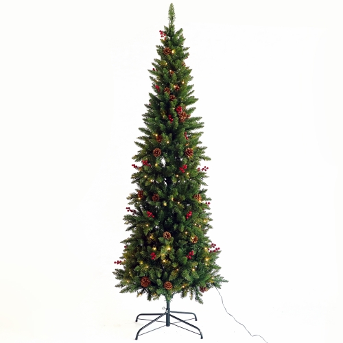 

[US Warehouse] 7.5FT foldable Metal Stand Artificial Slim Christmas Tree Pre-lit Pencil Feel Real Skinny Fir Tree with Cones and Berries
