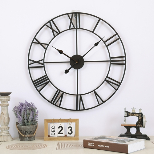 

80cm Retro Living Room Iron Round Roman Numeral Mute Decorative Wall Clock (Black)
