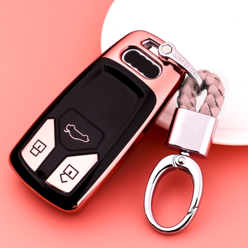

TPU One-piece Electroplating Full Coverage Car Key Case with Key Ring for Audi A4L / A6L / Q5 (New) (Pink)