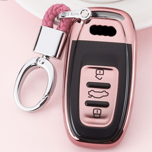 

TPU One-piece Electroplating Full Coverage Car Key Case with Key Ring for Audi A4L / A6L / Q5 (Old) (Pink)