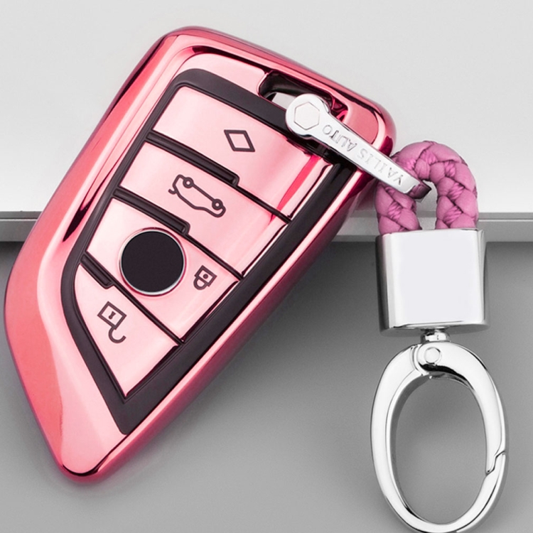 

TPU One-piece Electroplating Full Coverage Car Key Case with Key Ring for BMW X5 / X6(Pink)