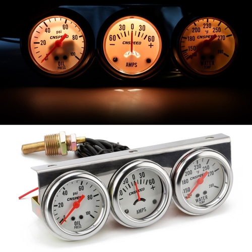 

52mm 12V Universal Car Modified Triple Meter 3 in 1 Gauge Oil Press Gauge + Water Temperature Gauge + Ammeter, with Sensor