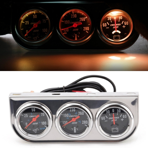 

52mm 12V Universal Car Modified Triple Meter 3 in 1 Gauge Oil Press Gauge + Water Temperature Gauge + Ammeter, with Sensor