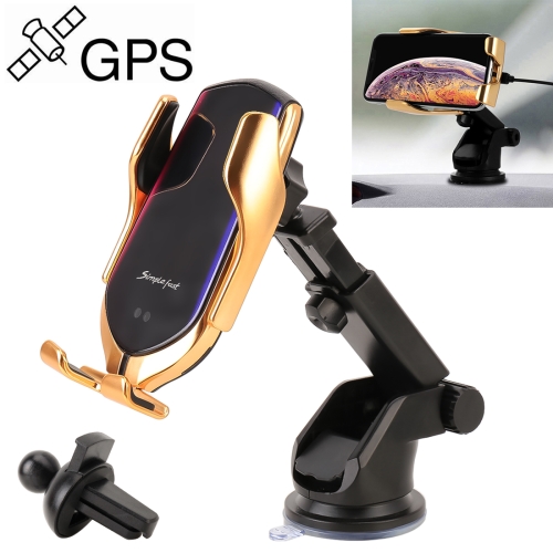 

Car QC Fast Charging QI Standard GPS Automatic Induction Wireless Charger Suction Cup / Air Vent 2 in 1 Bracket (Gold)