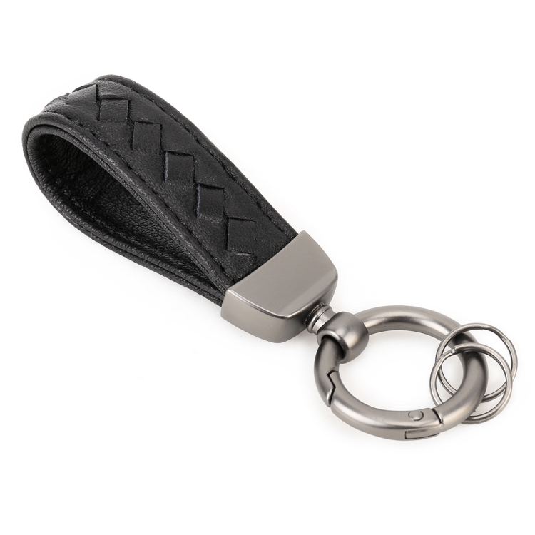 

Car Metal + Braided Leather Key Ring Keychain (Black)