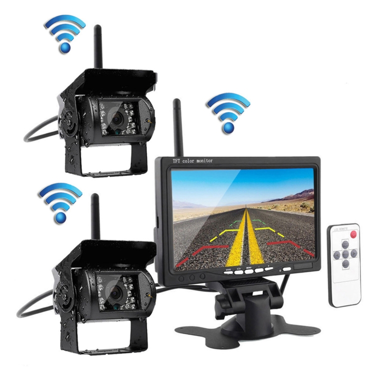 

PZ-607-W-2 2 Monitor Security Cameras 2.4GHz Wireless Vehicle, Infrared Night Vision Rear View Camera + 7 inch Monitor for Campers RV Truck Trailer