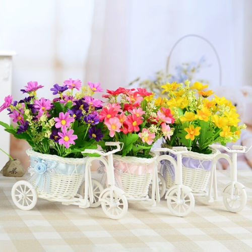 

Flower Basket Vase Handmade Rattan Baskets Tricycle Bike Home Garden Wedding Party Decoration with Flower, Random Silk Ribbon & Flower Color Delivery