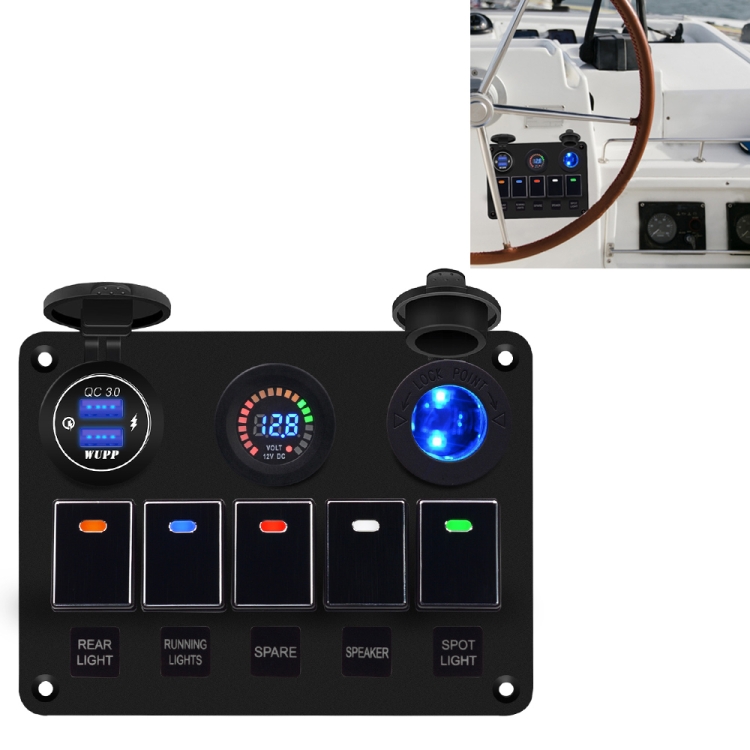

CS-847A1 Multi-function Combination Switch Panel Color Screen Voltmeter + Cigarette Lighter Socket + 5 Way Switches + Dual USB Charger for Car RV Marine Boat