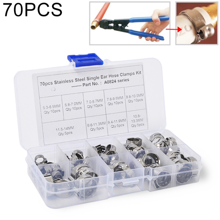 

70 PCS Adjustable Single Ear Plus Stainless Steel Hydraulic Hose Clamps O-Clips Pipe Fuel Air, Inside Diameter Range: 5.3-14mm