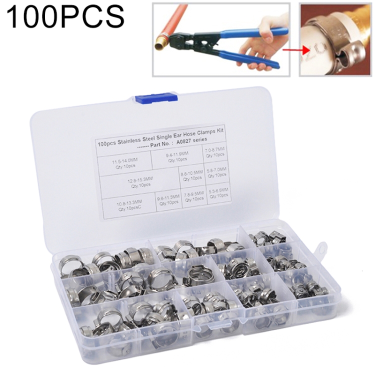 

100 PCS Adjustable Single Ear Plus Stainless Steel Hydraulic Hose Clamps O-Clips Pipe Fuel Air, Inside Diameter Range: 5.3-15.3mm