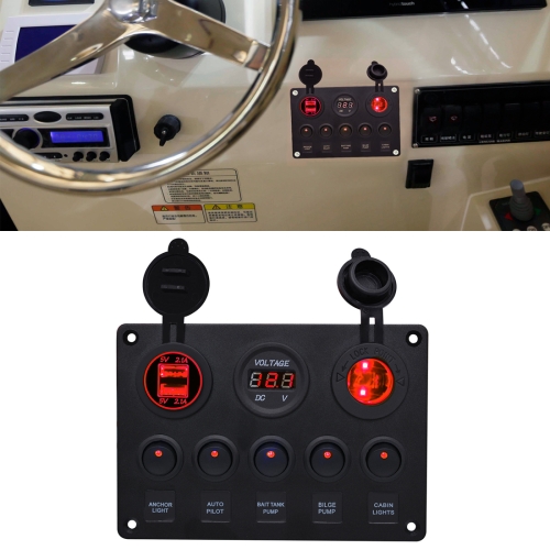 

Multi-function Combination Switch Pane Voltmeter + Cigarette Lighter Socket + 5 Way Switches + Dual USB Charger for Car RV Marine Boat(Red Light)