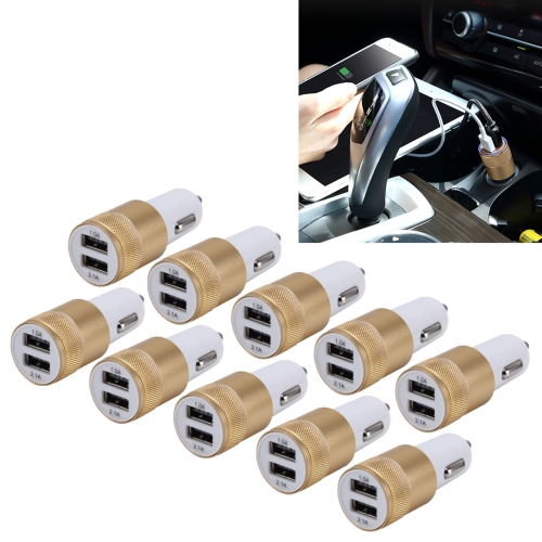 

10 PCS Car Auto 5V Dual USB 2.1A/1A Cigarette Lighter Adapter for Most Phones(Gold)