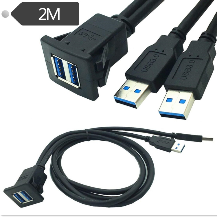 

2m ABS Shell Flush Mount USB 3.0 Dock Car Ship Motorcycle Dashboard Panel Male to Female Data Waterproof Extension Cord(Black)