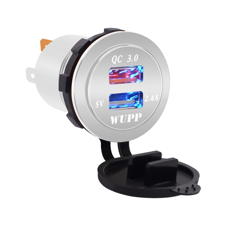 

Universal Car QC3.0 Dual Port USB Charger Aluminum Alloy 2 Port USB Adapter 5V 2.4A IP66(Blue Light)