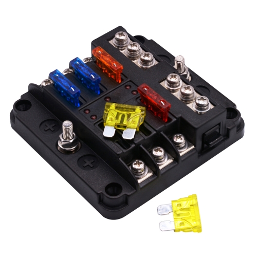 

Independent Positive and Negative 1 in 6 Out 6 Way Circuit Blade Fuse Box Fuse Holder Kits with LED Warning Indicator for Auto Car Truck Boat