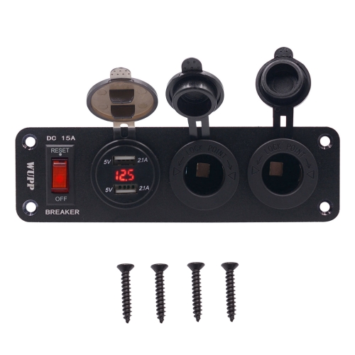 

DC 12V IP66 4 Position Switch Panel Circuit Breaker with Digital Voltmeter / Dual USB Power Charger Adapter / Cigarette Lighter Socket