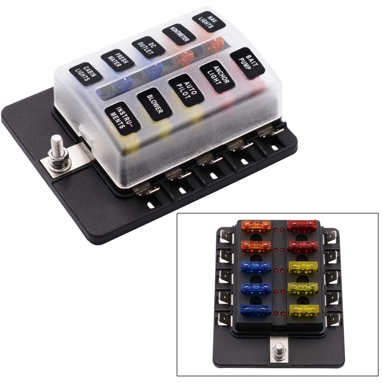 

1 in 10 Out Fuse Box PC Terminal Block Fuse Holder Kits with LED Warning Indicator for Auto Car Truck Boat