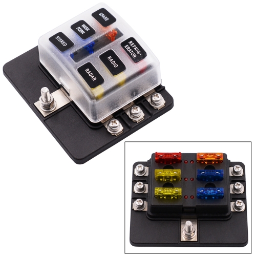 

1 in 6 Out 6 Way Circuit Fuse Box Screw Terminal Section Fuse Holder Kits with LED Warning Indicator for Auto Car Truck Boat