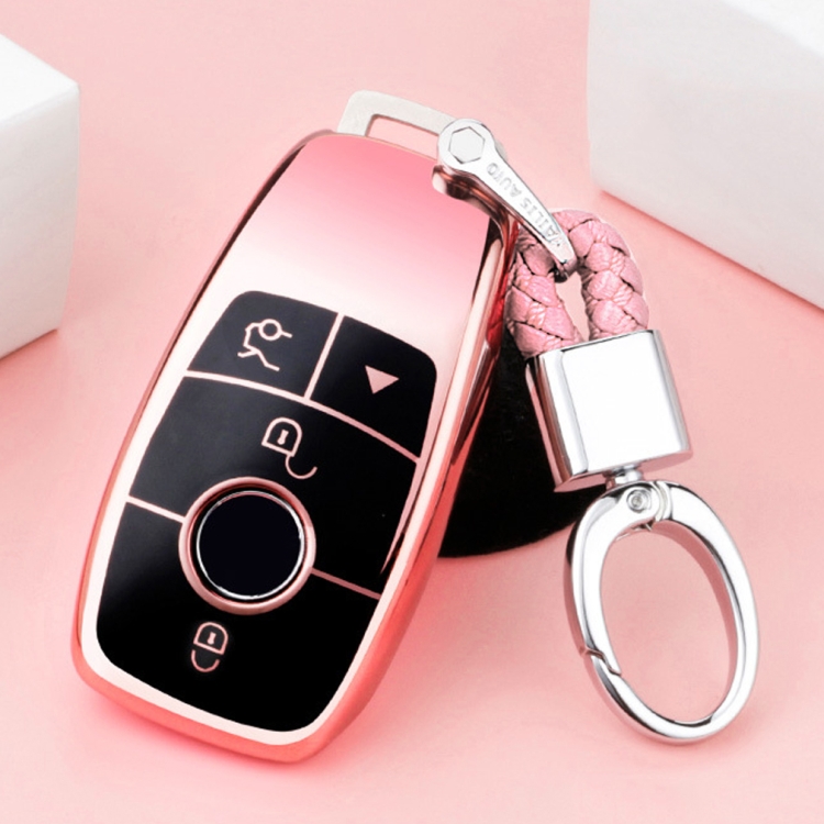 

TPU One-piece Electroplating Full Coverage Car Key Case with Key Ring for Mercedes-Benz E(Pink)