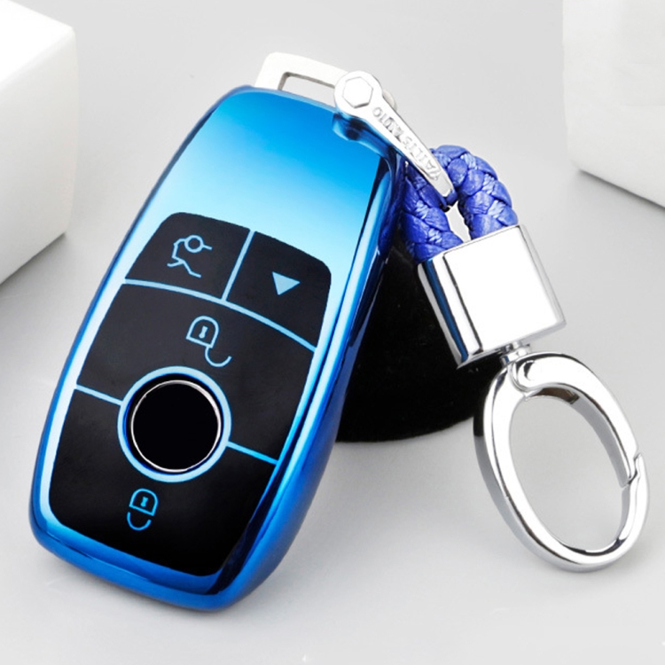 

TPU One-piece Electroplating Full Coverage Car Key Case with Key Ring for Mercedes-Benz E (Blue)