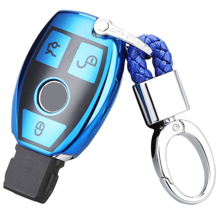 

TPU One-piece Electroplating Full Coverage Car Key Case with Key Ring for Mercedes-Benz C (Blue)