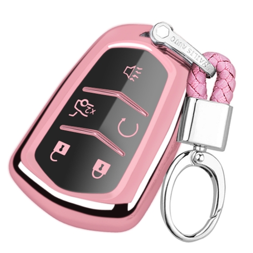 

TPU One-piece Electroplating Full Coverage Car Key Case with Key Ring for Cadillac ATSL / XT5 / XTS / XT4 / CT6(Pink)