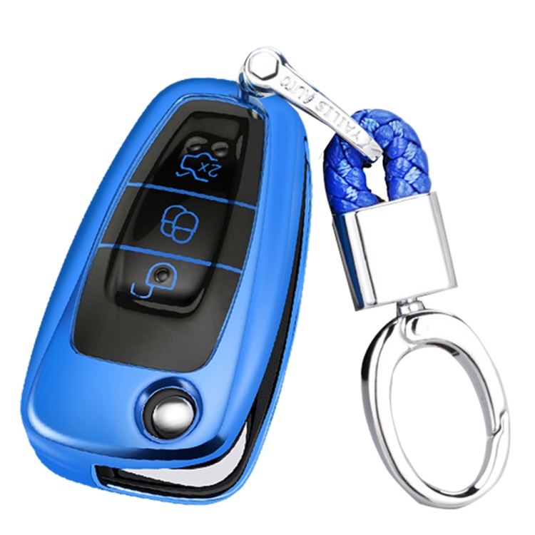 

TPU One-piece Electroplating Opening Full Coverage Car Key Case with Key Ring for Ford FOCUS / KUGA (Blue)
