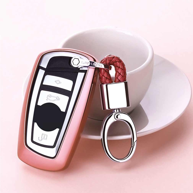 

Electroplating TPU Single-shell Car Key Case with Key Ring for BMW 3 Series / 5 Series (Pink)