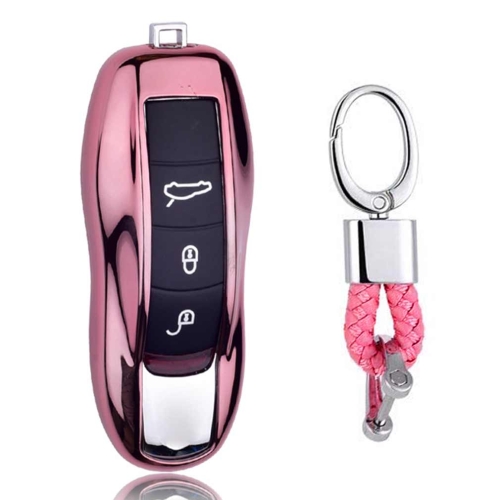 

Electroplating TPU Single-shell Car Key Case with Key Ring for Porsche Cayenne / Cayman / Panamera (Pink)