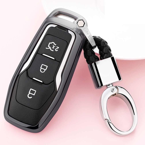 

Electroplating TPU Single-shell Car Key Case with Key Ring for Ford Explorer / Edge / Mondeo / EcoSport / Taurus (Black)