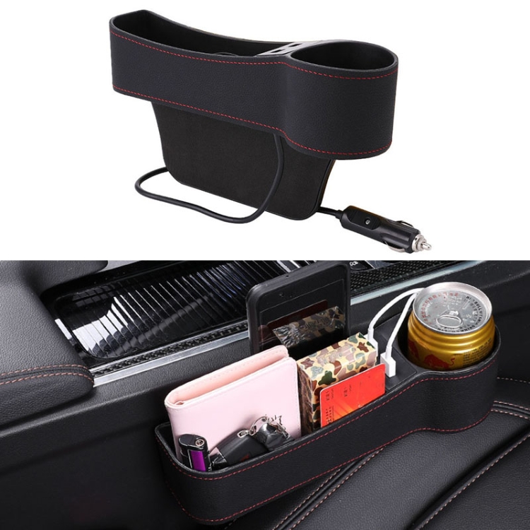 

Car Multi-functional Co-pilot Seat Console PU Leather Box Cigarette Lighter Charging Pocket Cup Holder Seat Gap Side Storage Box (Black)
