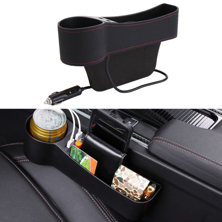 

Car Multi-functional Driver Seat Console PU Leather Box Cigarette Lighter Charging Pocket Cup Holder Seat Gap Side Storage Box(Black)