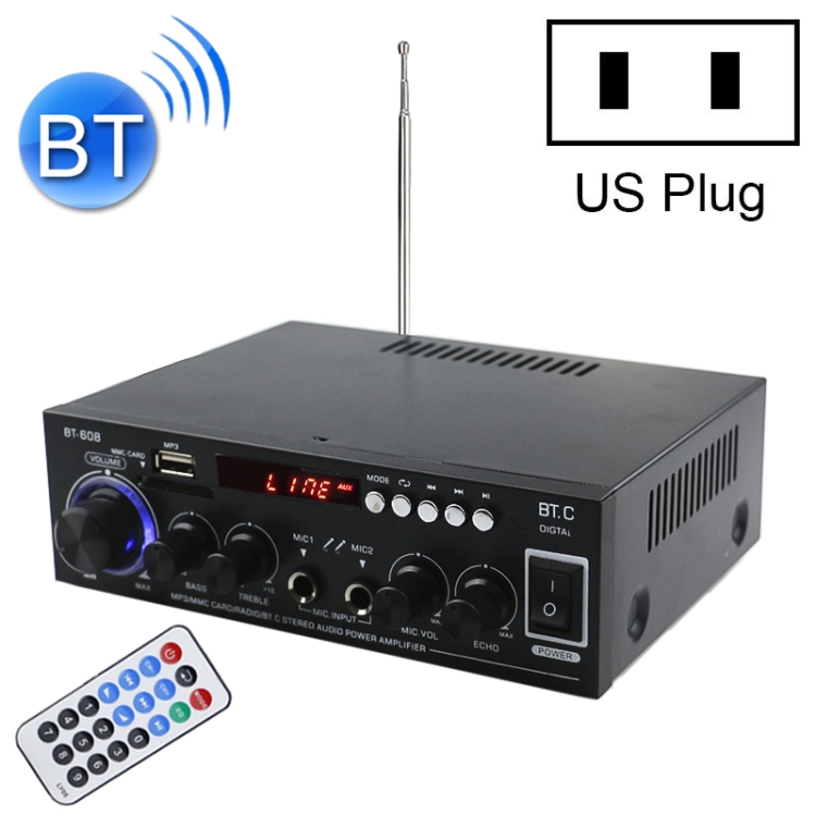 

BT-608 220V Household / Car Bluetooth HIFI Amplifier Audio Support U-dish / FM with Remote Control, US Plug